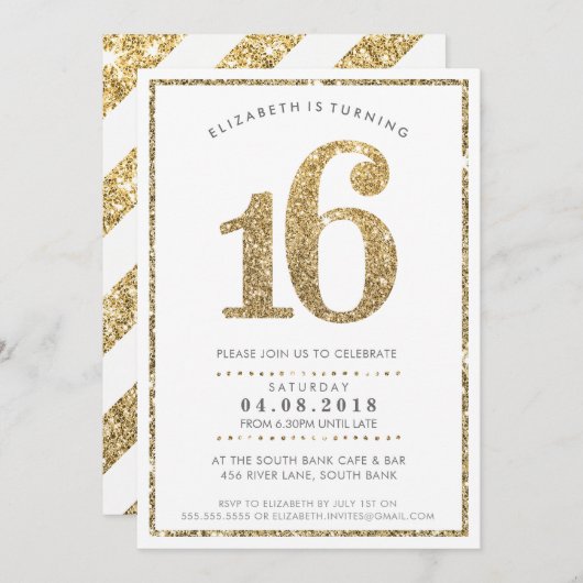 大年齢数招待状16モダン金ゴールドグリッター 招待状 (正面/裏面)