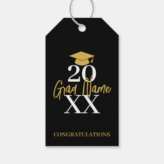 大年 – 名前と帽子 – 黒い金ゴールド卒業 ギフトタグ (正面)