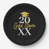 大年 – 名前と帽子 – 黒い金ゴールド卒業 ペーパープレート (正面)