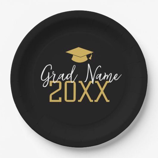 大年 – 名前と帽子 – 黒い金ゴールド卒業 ペーパープレート (正面)