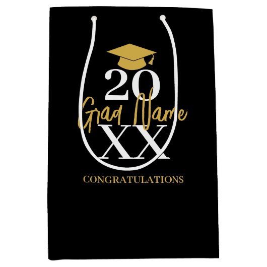 大年 – 名前と帽子 – 黒い金ゴールド卒業 ミディアムペーパーバッグ (正面)