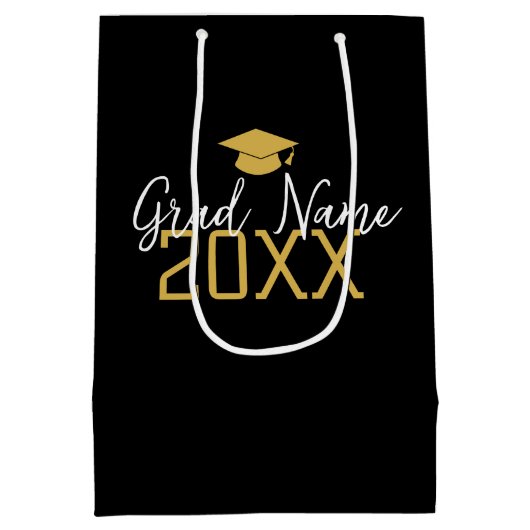 大年 – 名前と帽子 – 黒い金ゴールド卒業 ミディアムペーパーバッグ (裏面)