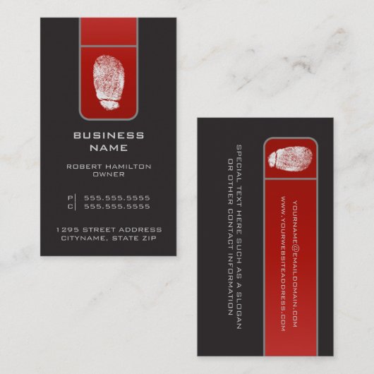 大指紋付き赤およびグレーのテクニカル名刺 名刺 (正面/裏面)