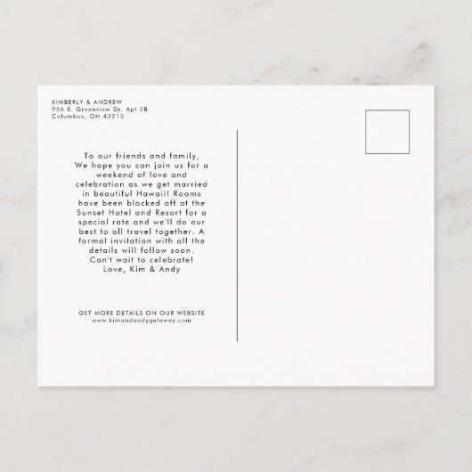 大日休暇の目的地の結婚式の日付を保存 案内ポストカード (裏面)