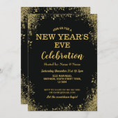 大晦日のお祝いのパーティーの黒の金ゴールド 招待状 (正面/裏面)