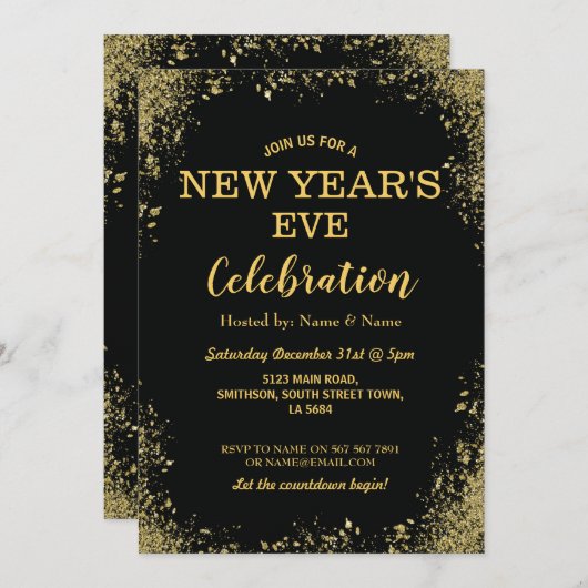 大晦日のお祝いのパーティーの黒の金ゴールド 招待状 (正面/裏面)