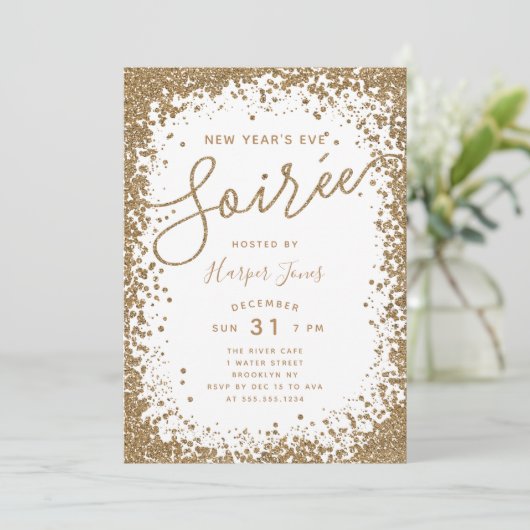 大晦日のばら色の金ゴールドのグリッターのパーティの招待状 招待状 (スタンド正面)