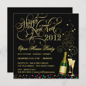 大晦日のオープンハウスのパーティー-黒および金ゴールド 招待状 (正面/裏面)