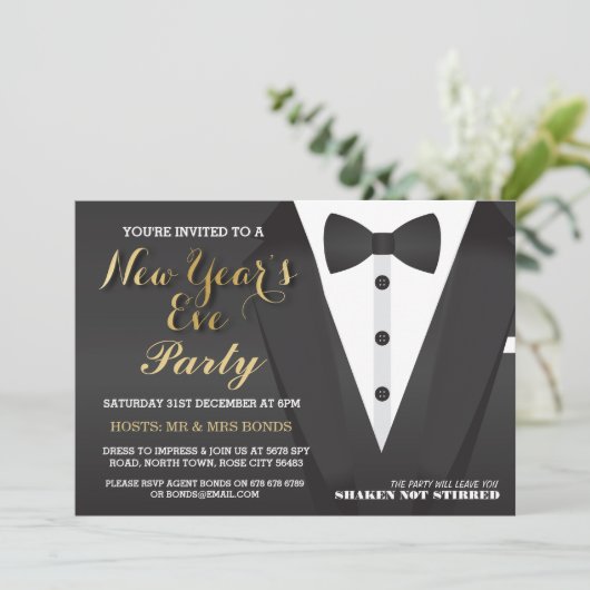 大晦日のパーティーのタキシードのちょうネクタイの夕食の招待 招待状 (スタンド正面)