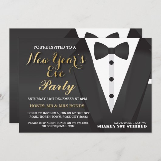 大晦日のパーティーのタキシードのちょうネクタイの夕食の招待 招待状 (正面/裏面)
