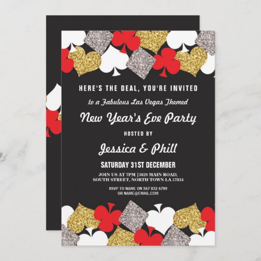大晦日のパーティーのラスベガスのカジノのグリッターの招待 招待状 (正面/裏面)