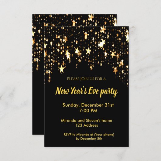 大晦日のパーティーブラック招待券スター 招待状 (正面/裏面)