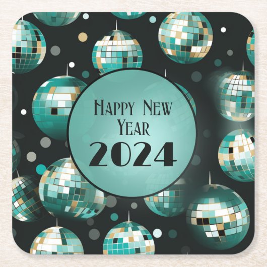 大晦日のパーティープレート- Disco Ballデザイン スクエアペーパーコースター (正面)