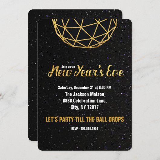 大晦日のパーティー、投球、フェイク金ゴールド 招待状 (正面/裏面)