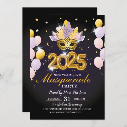 大晦日の仮装パーティーブラック金ゴールド招待状 招待状 (正面/裏面)