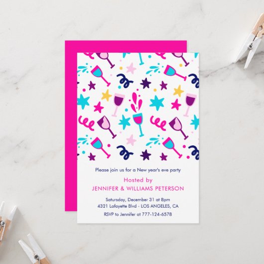 大晦日の招待状カクテルドリンクピンク 招待状 (正面/裏面インサイチュ)