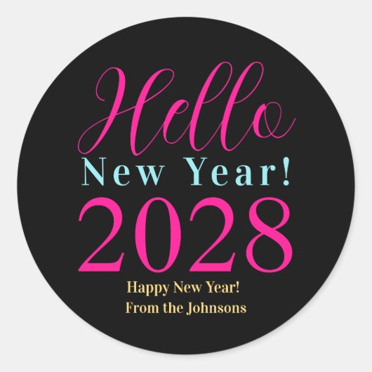 大晦日ハッピーニューイヤー黒ホットピンク ラウンドシール (正面)