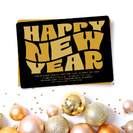 大晦日パーティーおもしろいトレンディーレトロブラック金ゴールド 招待状