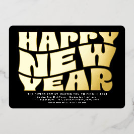 大晦日パーティーおもしろいトレンディーレトロブラック金ゴールド 箔招待状
