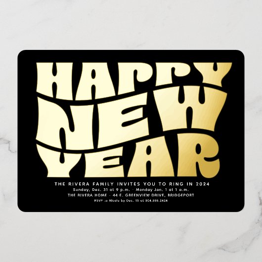 大晦日パーティーおもしろいトレンディーレトロブラック金ゴールド 箔招待状 (正面)