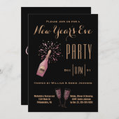 大晦日パーティーシャンパーニュ金ゴールドブラックピンク 招待状 (正面/裏面)