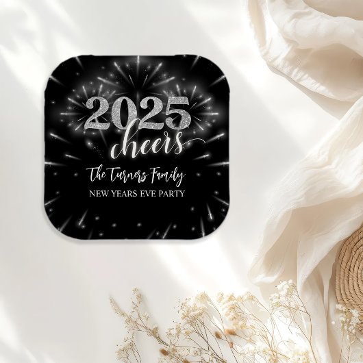 大晦日パーティーシルバー&ブラック ペーパープレート