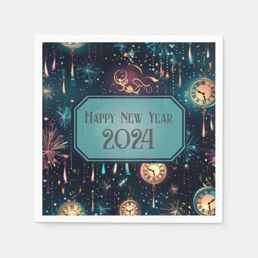 大晦日パーティーナプキンズカラフルクロックデザイン スタンダードカクテルナプキン (正面)