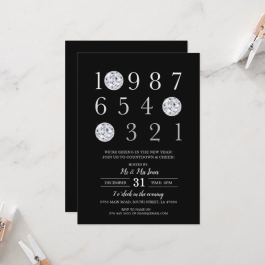 大晦日パーティーブラックシルバーディスコボール 招待状 (正面/裏面インサイチュ)