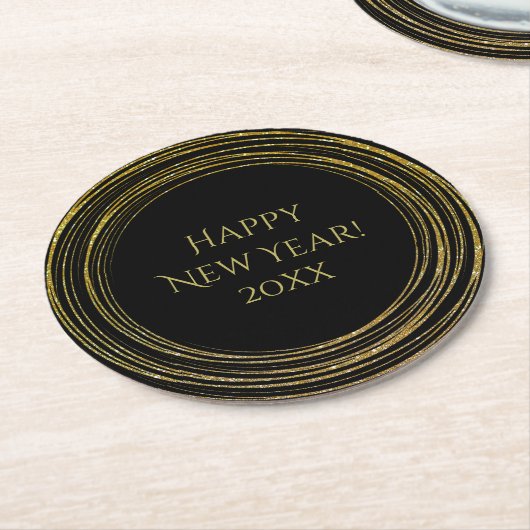 大晦日パーティーブラック金ゴールドグリッターアールデコ ラウンドペーパーコースター (アングル)