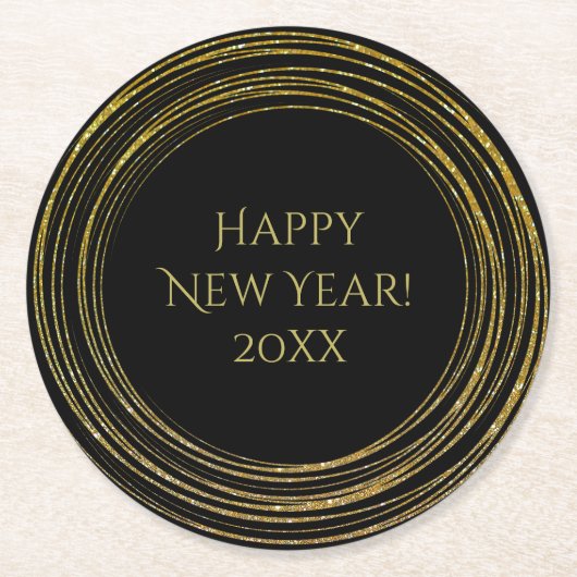 大晦日パーティーブラック金ゴールドグリッターアールデコ ラウンドペーパーコースター (正面)