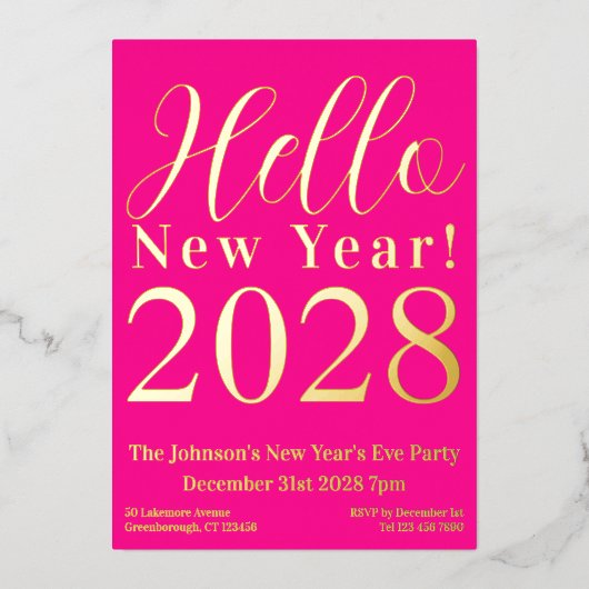 大晦日パーティーホットピンク実在金ゴールド 箔招待状 (正面)
