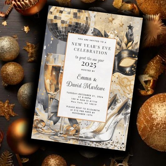 大晦日パーティー水彩金ゴールドグリッター 招待状