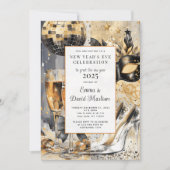 大晦日パーティー水彩金ゴールドグリッター 招待状 (正面)