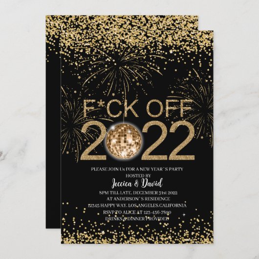 大晦日パーティー金ゴールドと黒パーソナライズされた 招待状 (正面/裏面)