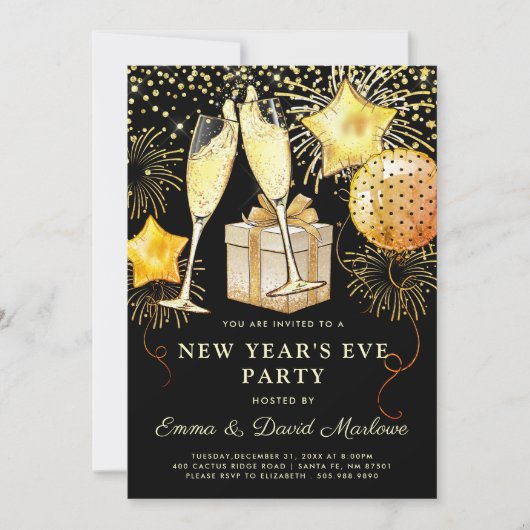 大晦日パーティー金ゴールドグリッターオンブラック 招待状 (正面)