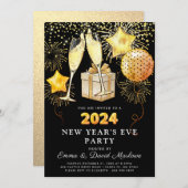 大晦日パーティー金ゴールドグリッターオンブラック 招待状 (正面/裏面)