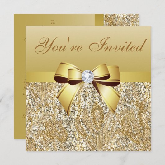 大晦日パーティー金ゴールドセクイン&ボウ 招待状 (正面/裏面)
