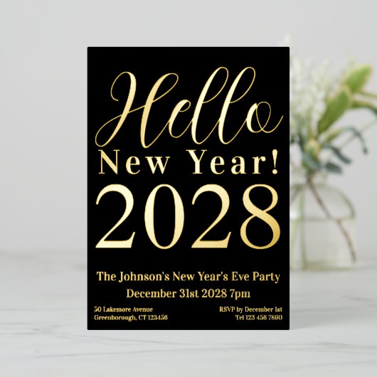大晦日パーティー黒実在金ゴールド 箔招待状 (立ち正面)