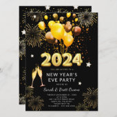 大晦日パーティー2023年金ゴールド風船花火 招待状 (正面/裏面)