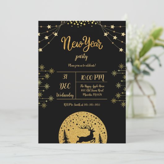 大晦日パーティー2024年金ゴールドグリッターオンブラック 招待状 (スタンド正面)