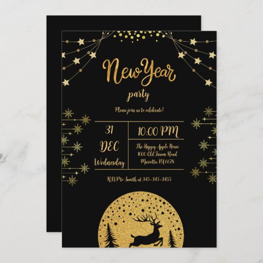 大晦日パーティー2024年金ゴールドグリッターオンブラック 招待状 (正面/裏面)