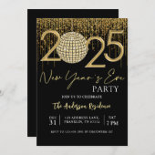 大晦日パーティー2025年金ゴールドグリッターディスコボール 招待状 (正面/裏面)