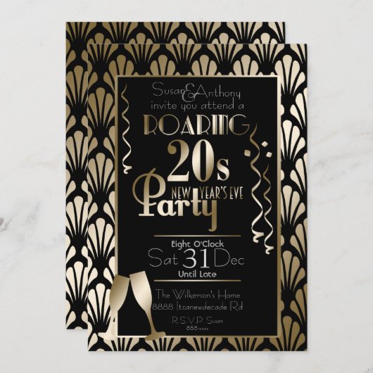大晦日20年代のアールデコ金ゴールド 招待状 (正面/裏面)