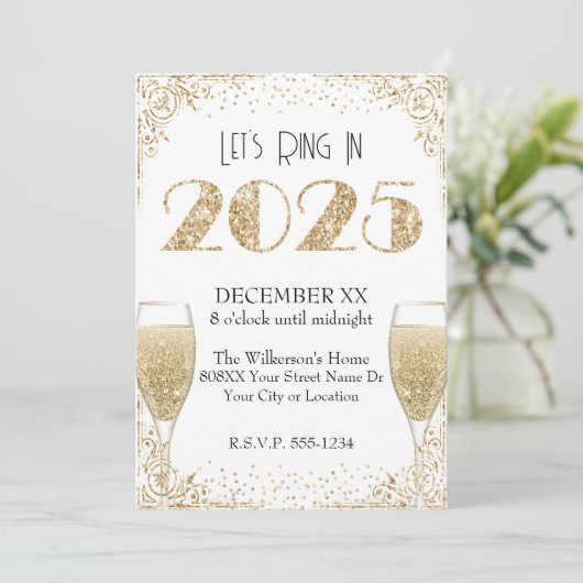 大晦日2025年金ゴールドグリッターヴィンテージシャンパン 招待状 (スタンド正面)
