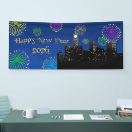 大晦日 カウントダウンの花火と街の光 横断幕