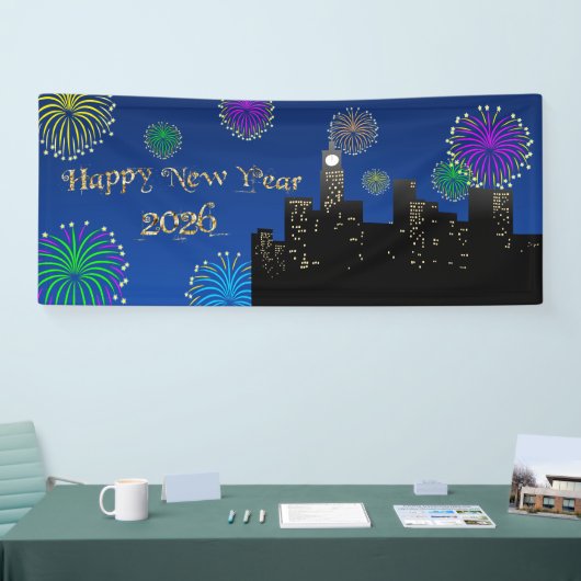 大晦日 カウントダウンの花火と街の光 横断幕 (トレードショー)