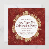 大晦日、祝賀パーティー、赤、金、 招待状 (正面)