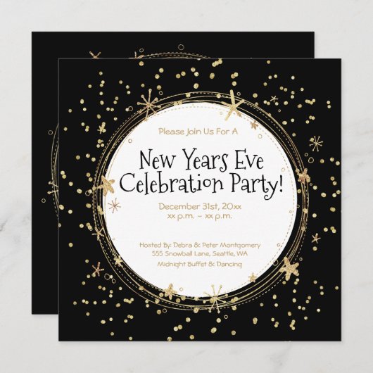 大晦日、金ゴールド、ブラック、パーティー 招待状 (正面/裏面)