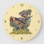 大枚のお金の上に座る龍頭の亀 ラージ壁時計 (正面)