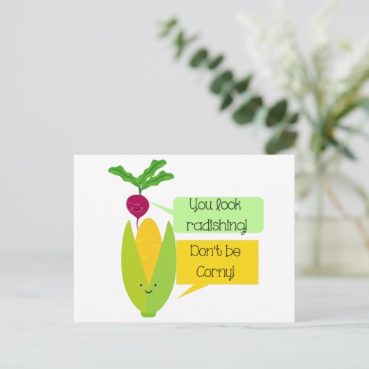 大根おもしろいとトウモロコシの野菜ユーモア ポストカード (スタンド正面)